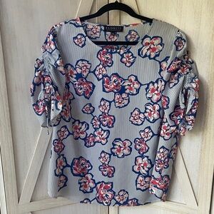 Eloquii Striped Floral Ruched Puff Short Sleeve Blouse